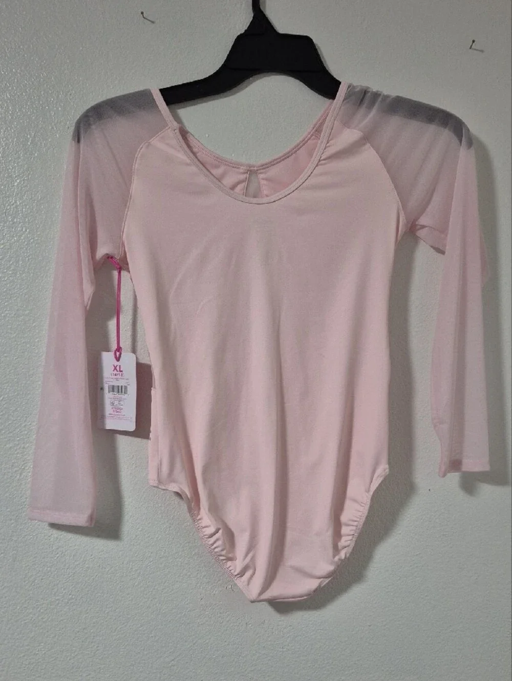 Justice Long Sleeve Pink Rhinestone Mesh Sleeve Dance Leotard